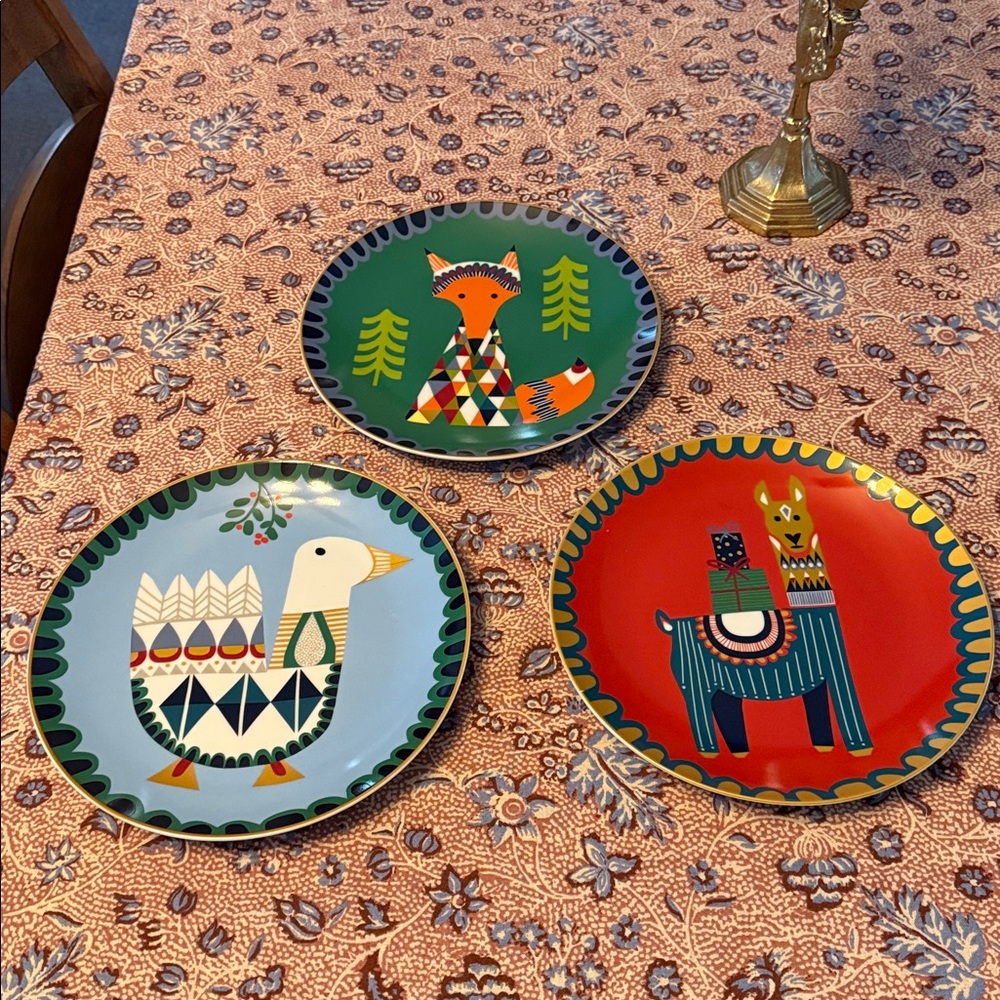 West Elm Animal Celebration Plates Set 3 Christmas Holiday 9” porcelain lama fox